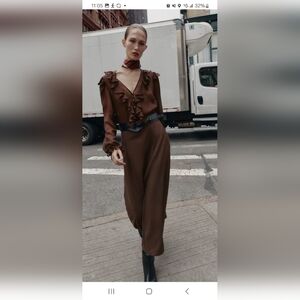 Zara Brown Ruffled Long Belted Dress NWT